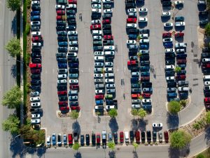 An aerial shot of an outdoor parking lot